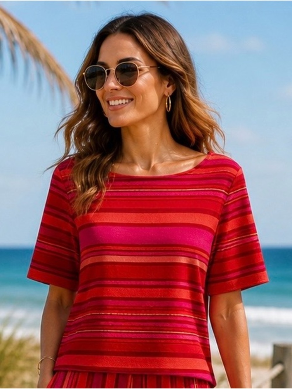 🌸💗Isaac Mizrahi Live! Striped Short-Sleeve Women’s Top - Red & Pink